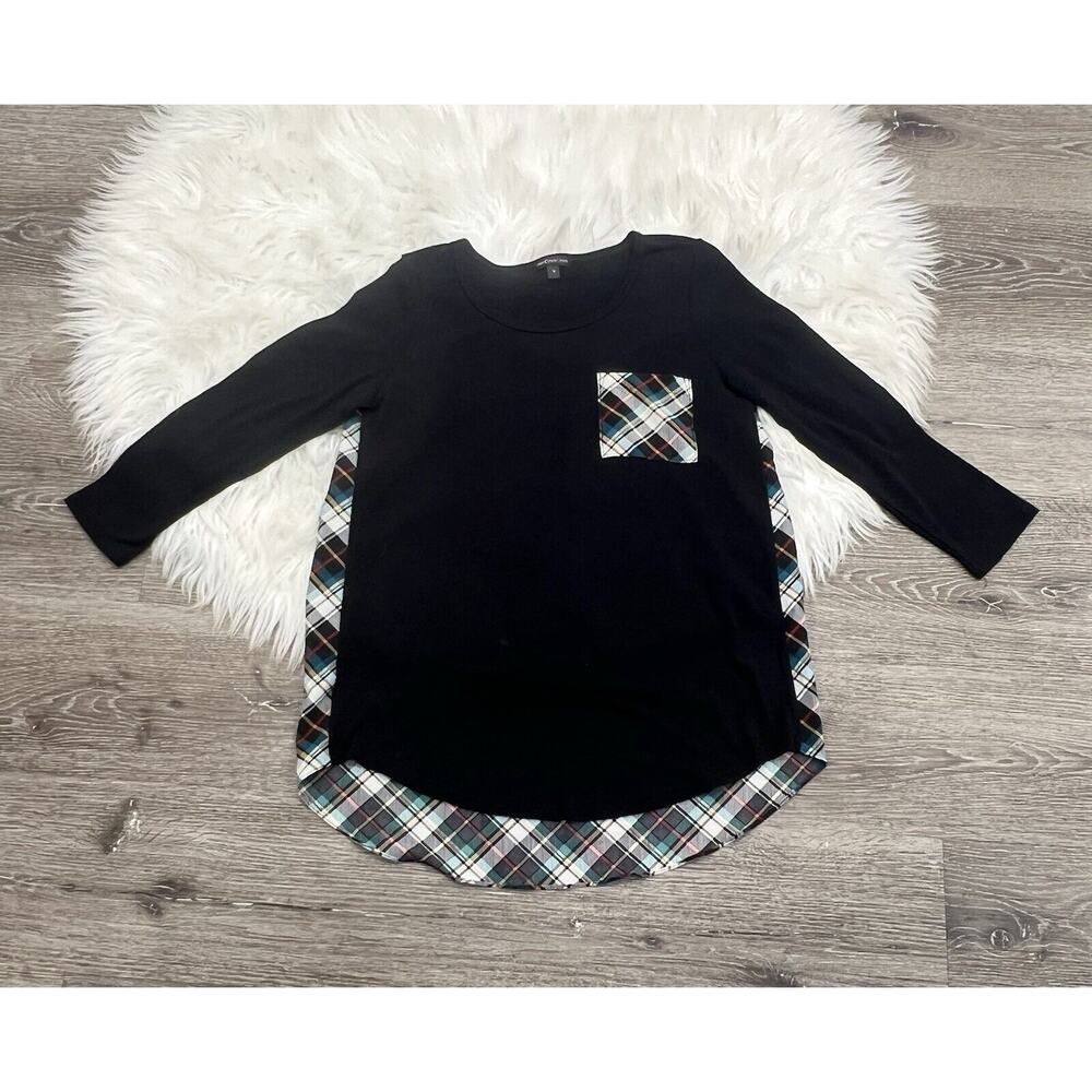 Women's Long Sleeve Black Top With Plaid Back & Pocket Accent Size Medium